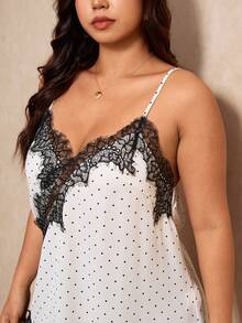 Elaquor Plus Size Women Lace Polka Dot Print Asymmetric Hem Camisole Top - Black and White - View 6