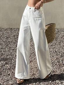 DAZY Women's Casual Solid White Pocket Washed Wide Leg Jeans, Spring/Summer - Beige - View 7