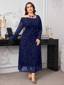 Modelyn Plus Size Long Sleeve Elastic Mesh Printed Double-Layer Fitted Waist Elegant Knit Dress For Women - Navy Blue - View 1