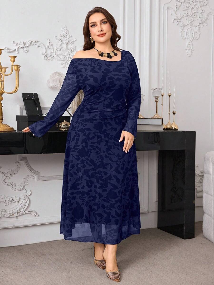 Modelyn Plus Size Long Sleeve Elastic Mesh Printed Double-Layer Fitted Waist Elegant Knit Dress For Women - Navy Blue - View 1