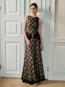 Anewsta Nuevo vestido de encaje de estilo francés elegante con cuello redondo, sin mangas con diseño plisado, decoración con botones metálicos, vestido de encaje con drapeado exquisito para eventos formales de verano - Negro - Ver 5