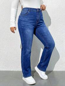 SHEIN ICON Quần jeans ống loe dáng ôm, rộng rãi, chất liệu wash, cỡ lớn, kiểu dáng thường ngày. - Rửa trung bình - Xem 5