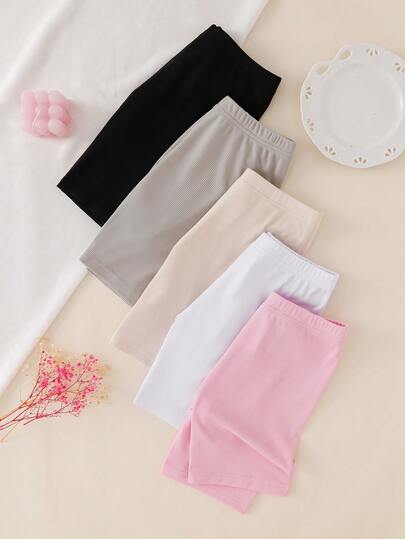 5 pièces/set Leggings de couleur unie pour filles, design court ajusté confortable, convient pour le printemps/été