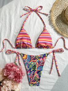 Swim Vcay 新款褶皱条纹蓝白细肩带扭结侧高衩比基尼两件套泳衣，女士沙滩度假波西米亚风夏季泳装比基尼套装，两件套，一口价，女士聚拢泳衣，女士聚拢泳装 - 彩色 - 查看 2
