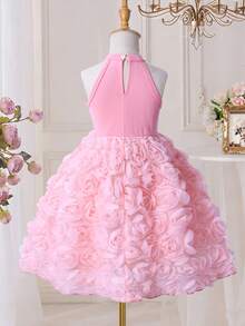 女童甜美公主风粉色吊带连衣裙，春夏无袖连衣裙，饰有3D玫瑰花，适合生日派对、聚会等场合 - 粉色 - 查看 2