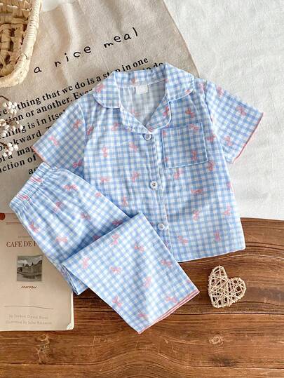 Newborn Cute Blue & White Plaid Bow Print Front Open Collar Short Sleeve Pants Pocket Design Comfortable 2pcs Pajama Set