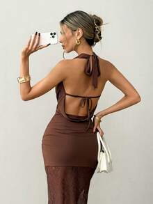 Ritzy Row 2026 New Arrival Elegant Sleeveless Deep Draped Neck Lace Hem Bodycon Dress, Deep Brown - Brown - View 6