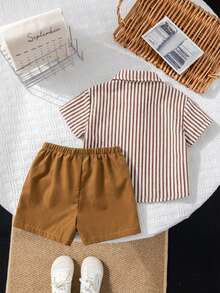 Set 2pcs/Set Baju Lengan Pendek dan Celana Pendek Pinggang Elastis Gaya Korea Kasual Musim Panas untuk Bayi Laki-laki, Cocok untuk Musim Panas - MultiWarna - View 12