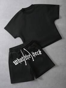 PAVTROS 男士休闲刺绣T恤和短裤套装 - 黑色 - 查看 2