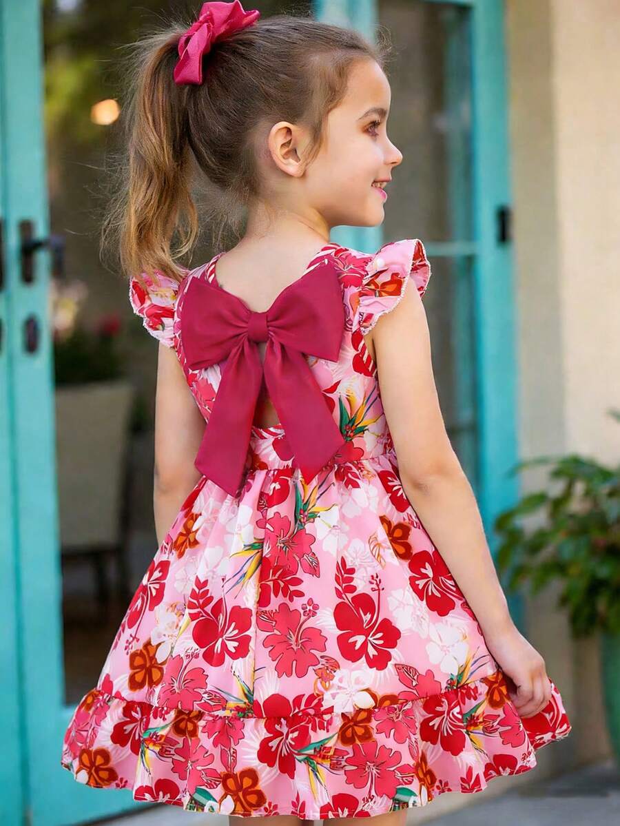 Elladie kids 女童优雅粉色碎花圆领泡泡袖露背蝴蝶结装饰腰部荷叶边下摆休闲时尚连衣裙，适合夏季度假旅行 - 粉色 - 查看 1