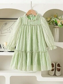 SHEIN Vintaside Kids Girls' Elegant Princess Ruffled Collar Long Sleeve Jacquard Embroidered Double-Layer Ruffled Hem Loose Princess Dress, Suitable For Vacation, Travel, Party, Gift, Spring & Autumn - Green - View 3