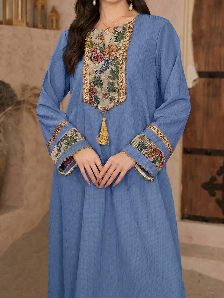 Al Najma Áo tunic cổ nơ hoa 3D và váy dài truyền thống Ả Rập dành cho nữ mùa xuân/hè. - Màu xanh lam - Xem 1