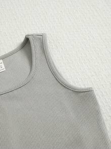 SHEIN Tween Girls' Solid Color Tank Top And Shorts Set, Cute And Casual - Grey - View 4