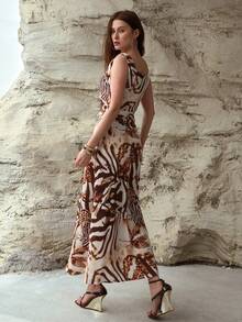 MOTF PREMIUM WOMEN'S LINEN ALL OVER PRINTED WAIST CINCHED FLARED DRESS, SPRING/SUMMER - Brown - View 6