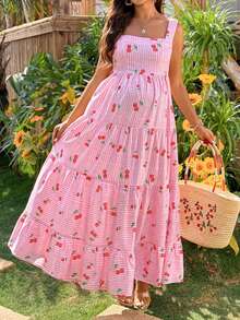 SHEIN Đầm bầu không tay họa tiết kẻ caro và quả anh đào - Nhiều màu - Xem 3