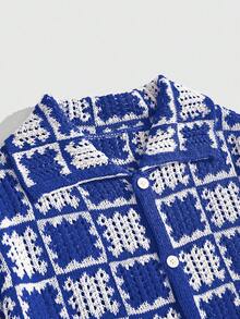 ROMWE MEN Casual Men's Loose Dropped Shoulder Hollow-Out Knit Shirt, Vacation Shirt - Blue - View 2