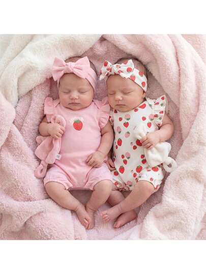 SHEIN 2pcs Newborn Baby Girl Cute Summer Knitted Strawberry Pattern Pink Romper Strawberry Outfits For Baby Girls Newborn Twins Girl Outfits Newborn Coral Clothes Newborn Little Sister Outfits