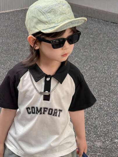 DAZY Young Boy Letter Print Contrast Color Polo Collar Short Sleeve Casual T-Shirt