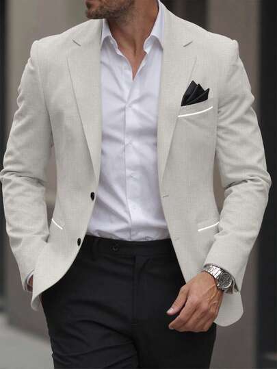 Manfinity Mode 男士秋季立领长袖单排扣西装外套，适合通勤和日常穿着，彰显男士绅士风范，也适合日常休闲、周末旅行、户外活动、远足旅行、轻松的工作环境或半正式场合。可作为男友/丈夫礼物、周年纪念/生日礼物、派对、夏季假期、婚礼、春夏交替、复活节等场合的着装。搭配优雅的人造白玫瑰胸针，可点缀男士西装翻领。米色男士西装、奶油色男士西装、婚礼西装、男士婚礼外套、男士婚礼服饰。