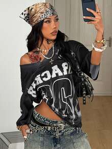 Coolane 女士夏季街头风外出休闲运动印花透气网眼宽松针织T恤 - 黑色 - 查看 5