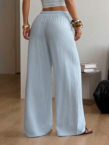 Coolane 女士夏季乡村音乐会外出波西米亚海滩度假基本款简约水洗100%纯棉浅蓝色长裤 - 藍色 - 查看 2