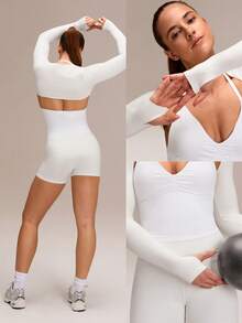 GLOWMODE Ultrafine Soft Seamless Don't Sweat It Stretchy Slim-Fit Logo Cuffs Long-Sleeve Shrug Yoga Pilates Studio Training Gym Daily Active Wear - White - View 8