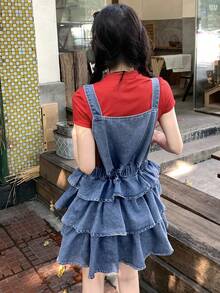 DAZY Women's Solid Color Square Neck Sleeveless Ruffle Hem Denim Summer Dress - Blue - View 6