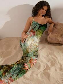 Opulessa 休闲度假风性感野性绿色扎染花卉豹纹图案露背连衣裙，适合春夏假期穿着 - 彩色 - 查看 9