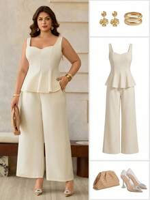 Roveilla Bộ đồ 2 mảnh cỡ lớn dành cho nữ: Áo croptop không tay cổ tim khoét eo và quần ống rộng cạp chun, kiểu dáng Pháp cổ điển thanh lịch, phù hợp đi làm, công sở, đi biển, dạo phố, mùa xuân/hè, đám cưới, tiệc tùng. - Màu be - Xem 8
