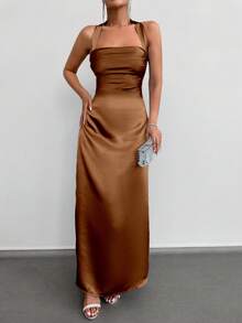 SHEIN Cottnline Women's Solid Color Backless Halterneck Dress - Gold - View 4