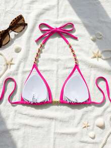 Swim Basics 女士性感露背系带金色珠饰比基尼上衣，夏季新品 - 玫紅色 - 查看 2
