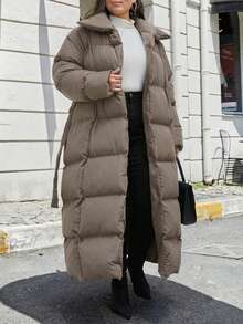 EURMUSE Plus Women's Solid Belted Puffer Long Coat - Rust Brown - View 1