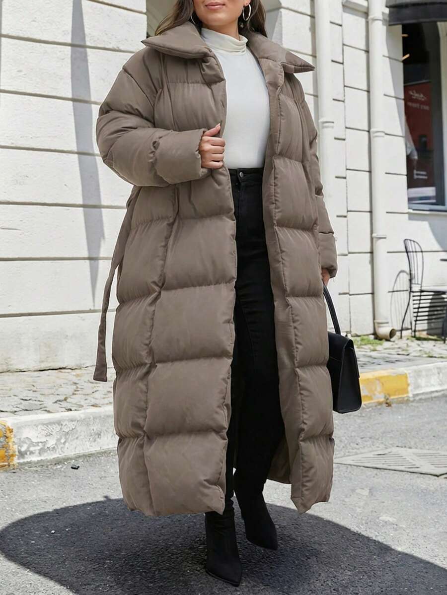 EURMUSE Plus Women's Solid Belted Puffer Long Coat - Rust Brown - View 1