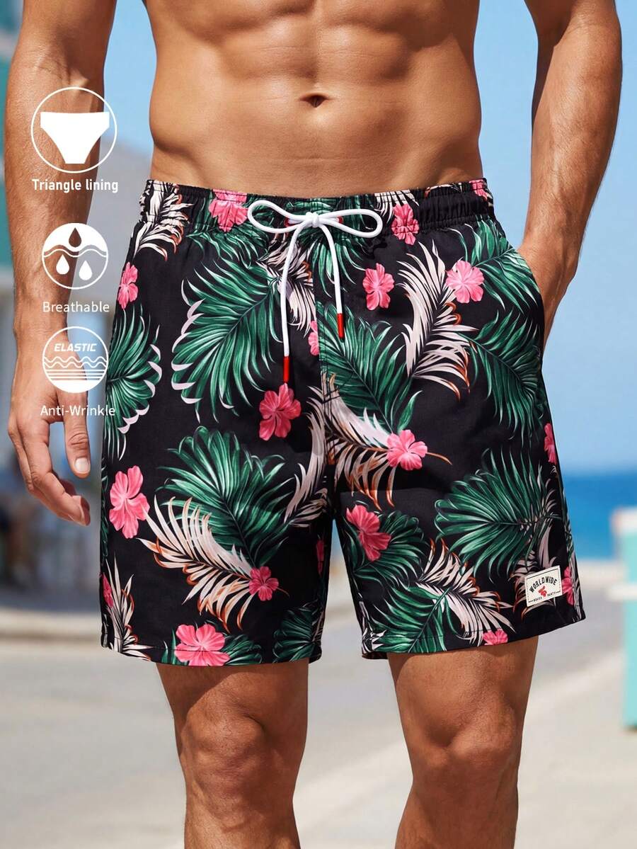 Horizaway 男士夏季度假植物印花抽绳腰沙滩短裤 - 綠色 - 查看 1