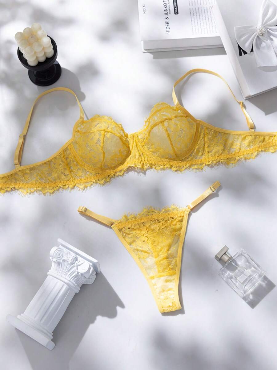 SHEIN Bộ đồ lót ren màu đỏ hồng phối nhiều mảnh, 2 món, dành cho người trưởng thành và gợi cảm. - Màu vàng - Xem 1