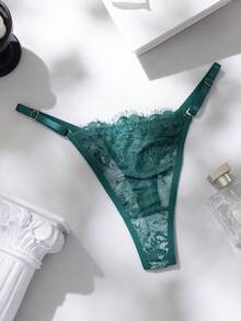 SHEIN Set de 2 piezas de lencería con parches de encaje color rosa rojo, madura y sensual - Verde - Ver 4