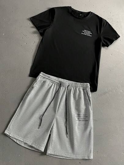 Manfinity Homme 男士休闲标语印花 T 恤和短裤套装，夏季