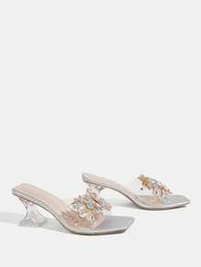 CUCCOO TILAWA Women's Fashion Transparent Wine Glass High Heel Sandals, Square Toe, Decorated With Shiny Rhinestones Summer Shoes - Silver - View 5