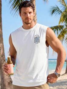 VIVINTIMO 男士休闲波浪图案白色背心，带抽绳和松紧腰设计，适合夏季 - 白色 - 查看 5