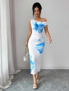 Lyxana Vestido de verano de moda para mujer, vestido ajustado con hombros descubiertos y estampado floral azul francés - Multicolor - Ver 5