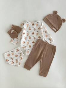 Loomiva Bộ quà tặng cho bé sơ sinh in hình gấu: áo liền quần dài tay, quần, yếm, mũ và găng tay. - Nhiều màu - Xem 2