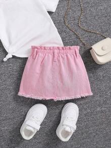 SHEIN 女婴荷叶边腰带口袋毛边牛仔裙 - 粉色 - 查看 2