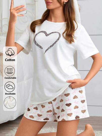 SHEIN 100%Cotton Women Casual Summer 2pcs Leopard Heart Patterned Short Sleeve Sleep Tee + Elastic Waist Comfort Relaxed Sleep Shorts Bottom Casual Pajama Set