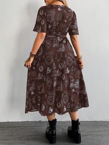 Whyspr Fashionable V-Neck Sexy Short Sleeve Waist Cinching Printed Dress - Brown - View 2