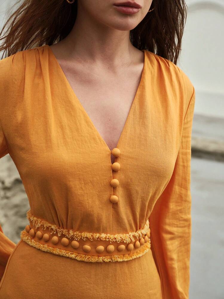 WOMEN'S V-NECK FRINGE DETAIL A-LINE SHORT DRESS, SPRING/SUMMER