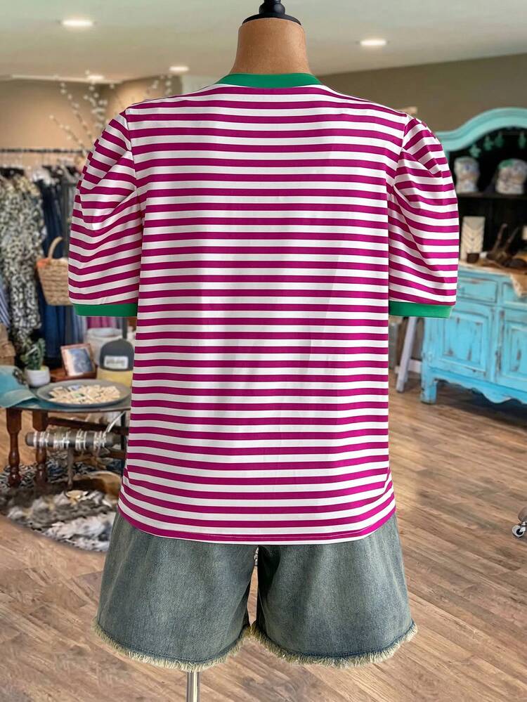 Plus Size Women Striped Round Neck Short Sleeve Casual Loose Contrast Color T-Shirt