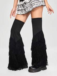 ROMWE Grunge Punk 1Pairy2k Millennium Spice Girls Punk Style Black Splicing Multi-Layer Taffer Edge Design Over Knee Micro Speaker Loose Leg Socks, Stylish Simple Wild Ladies Leg Covers, Suitable For Daily, Date, Party, Shopping And other Gray Items - màu đen - Xem 2