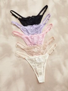 Charlaine 5pcs/Pack Women's Low-Rise Lace Thong Panties, Random Heart Pattern - Multicolor - View 3