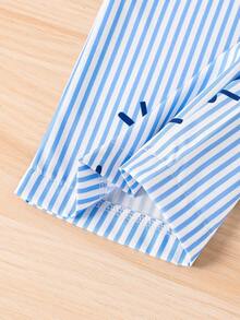 SHEIN Genkimix Kids 女童休闲百搭翻领纽扣前襟系带柔软褶皱牛仔质感连体裤，适合秋季、野餐、郊游、搭配服装、日常穿着 - 藍色 - 查看 3