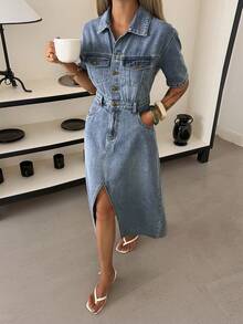 DAZY 女士休闲水洗牛仔连衣裙，带假口袋和开衩，夏季长款连衣裙 - 中等水洗藍 - 查看 4